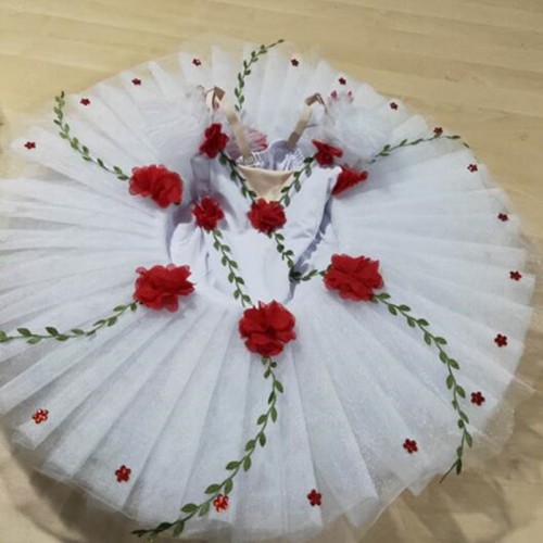 Kids flowers white swan lake ballet dance dress tutu skirt classical pancake ballet dance costumes